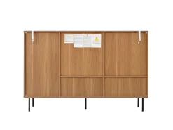 Aparador de cocina de ratán con 2 puertas correderas de ratán y 3 cajones, nogal/140 x 37 x 91 cm
