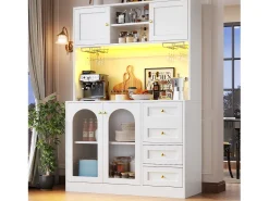 Aparador de cocina estilo rústico - 120 x 40 x 188 cm - con 4 puertas + LED + estantes de almacenamiento + cajones - MDF - blanco
