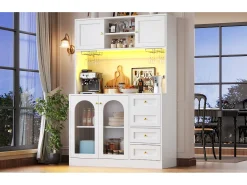 Aparador de cocina estilo rústico - 120 x 40 x 188 cm - con 4 puertas + LED + estantes de almacenamiento + cajones - MDF - blanco