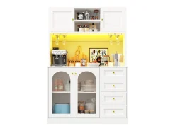 Aparador de cocina estilo rústico - 120 x 40 x 188 cm - con 4 puertas + LED + estantes de almacenamiento + cajones - MDF - blanco