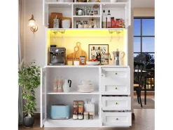 Aparador de cocina estilo rústico - 120 x 40 x 188 cm - con 4 puertas + LED + estantes de almacenamiento + cajones - MDF - blanco