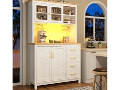 Aparador de cocina estilo rústico - 105,5 x 40 x 180 cm - con 4 puertas + LED + portavasos + cajones - MDF - blanco