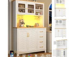 Aparador de cocina estilo rústico - 105,5 x 40 x 180 cm - con 4 puertas + LED + portavasos + cajones - MDF - blanco