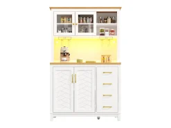 Aparador de cocina estilo rústico - 105,5 x 40 x 180 cm - con 4 puertas + LED + portavasos + cajones - MDF - blanco