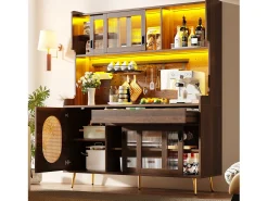 Aparador de cocina estilo rústico - 145 x 39 x 171 cm - con 5 puertas + LED + panel de almacenaje + cajón - MDF - marrón