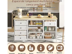 Aparador de cocina, isla central con almacenaje y encimera plegable, 5 cajones, color blanco