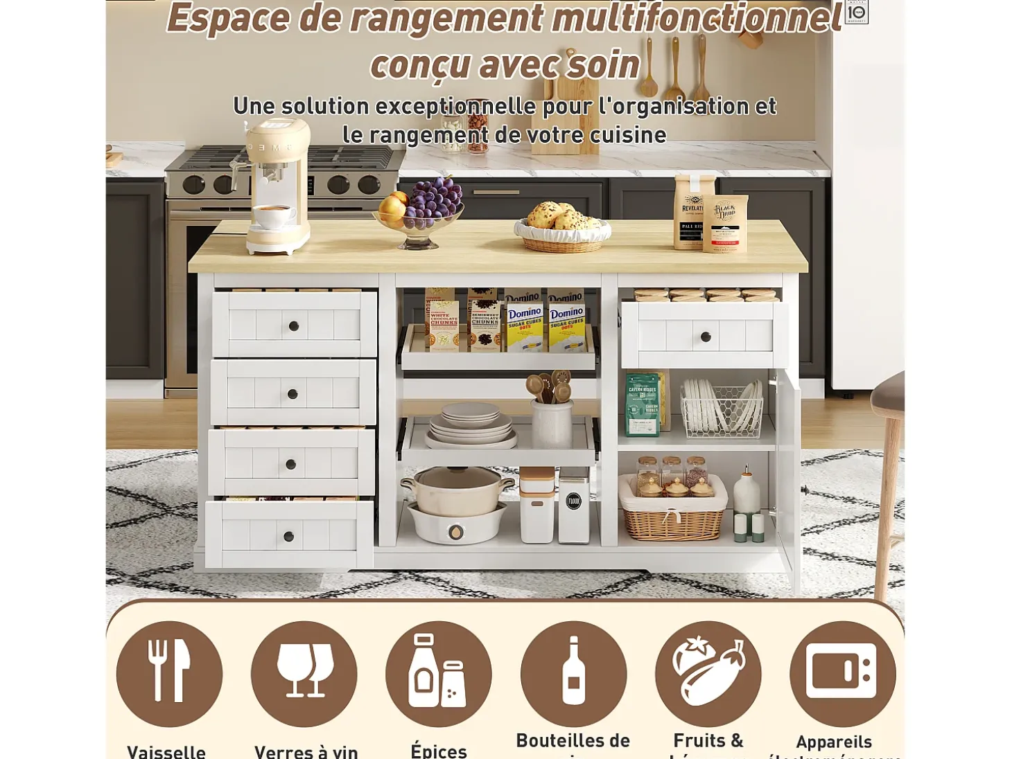 Aparador de cocina, isla central con almacenaje y encimera plegable, 5 cajones, color blanco