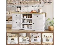 Aparador de cocina, isla central con almacenaje y encimera plegable, 5 cajones, color blanco