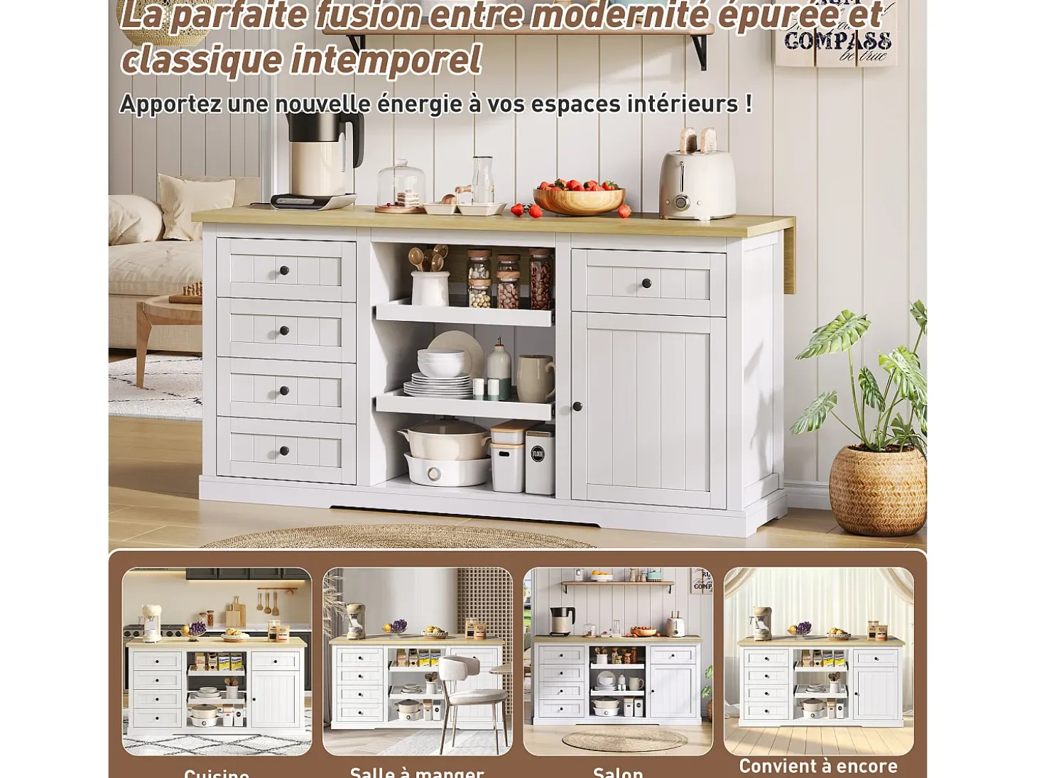 Aparador de cocina, isla central con almacenaje y encimera plegable, 5 cajones, color blanco