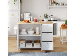 Aparador de cocina, mesa de cocina móvil, diseño plegable, con 3 cajones y toallero, 135x44(70)x90 cm, Blanco