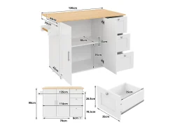Aparador de cocina, mesa de cocina móvil, diseño plegable, con 3 cajones y toallero, 135x44(70)x90 cm, Blanco