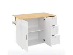 Aparador de cocina, mesa de cocina móvil, diseño plegable, con 3 cajones y toallero, 135x44(70)x90 cm, Blanco