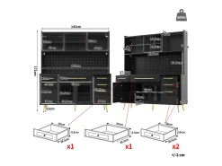 Aparador de cocina moderno - 145 x 39 x 171 cm - con puertas + LED + cajones + estante de cristal - MDF + cristal - negro