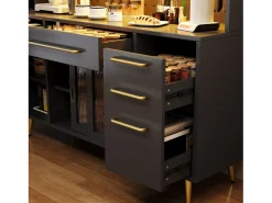 Aparador de cocina moderno - 145 x 39 x 171 cm - con puertas + LED + cajones + estante de cristal - MDF + cristal - negro