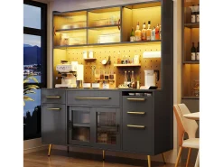 Aparador de cocina moderno - 145 x 39 x 171 cm - con puertas + LED + cajones + estante de cristal - MDF + cristal - negro