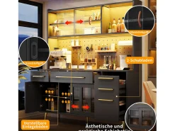 Aparador de cocina moderno - 145 x 39 x 171 cm - con puertas + LED + cajones + estante de cristal - MDF + cristal - negro