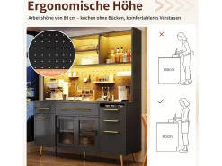 Aparador de cocina moderno - 145 x 39 x 171 cm - con puertas + LED + cajones + estante de cristal - MDF + cristal - negro