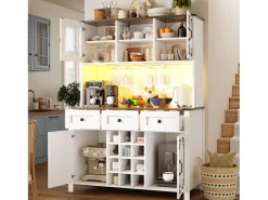 Aparador de cocina moderno - 120 x 40 x 170 cm - con LED + USB + 4 puertas + 3 cajones + estantes - MDF + cristal - blanco