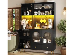 Aparador de cocina moderno - 120 x 40 x 176 cm - con LED + USB + puertas + cajón + estantes de cristal - MDF + cristal - negro