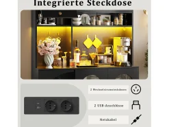 Aparador de cocina moderno - 120 x 40 x 176 cm - con LED + USB + puertas + cajón + estantes de cristal - MDF + cristal - negro
