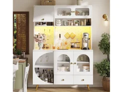 Aparador de cocina moderno - 120 x 40 x 176 cm - con LED + USB + puertas + cajón + estantes de cristal - MDF + cristal - blanco