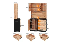 Aparador de cocina moderno - 105 x 40 x 180 cm - con LED + toma de corriente + puertas + cajones - MDF - natural