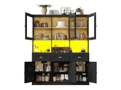 Aparador de cocina moderno con iluminación LED regulable, MDF, blanco/negro, estantes regulables (140x40x175cm)