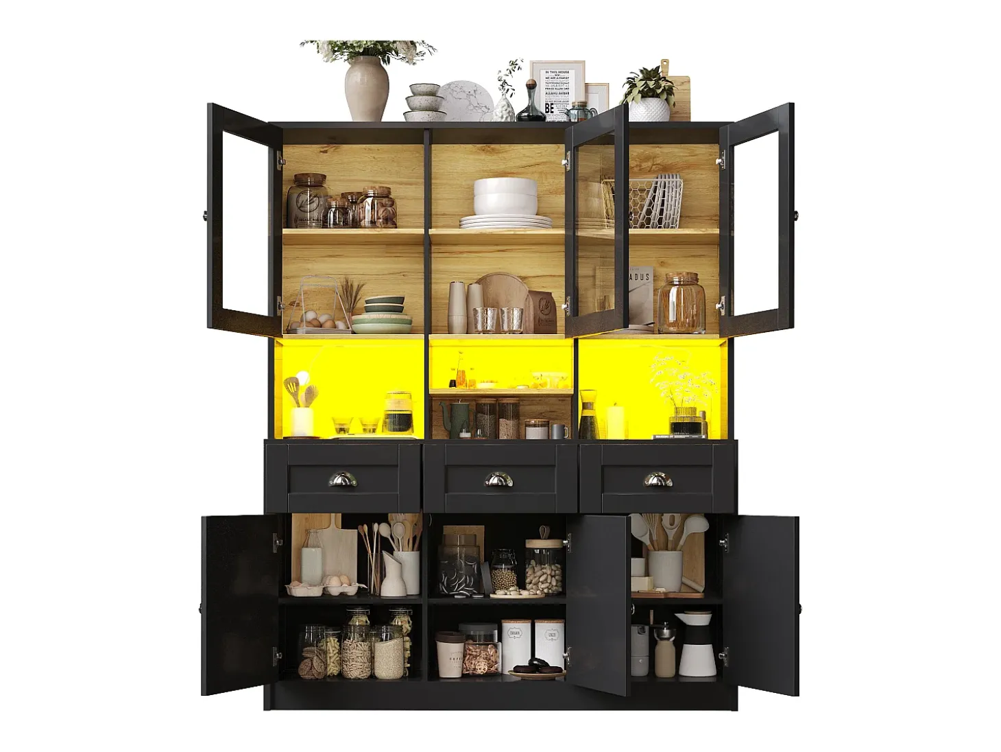 Aparador de cocina moderno con iluminación LED regulable, MDF, blanco/negro, estantes regulables (140x40x175cm)