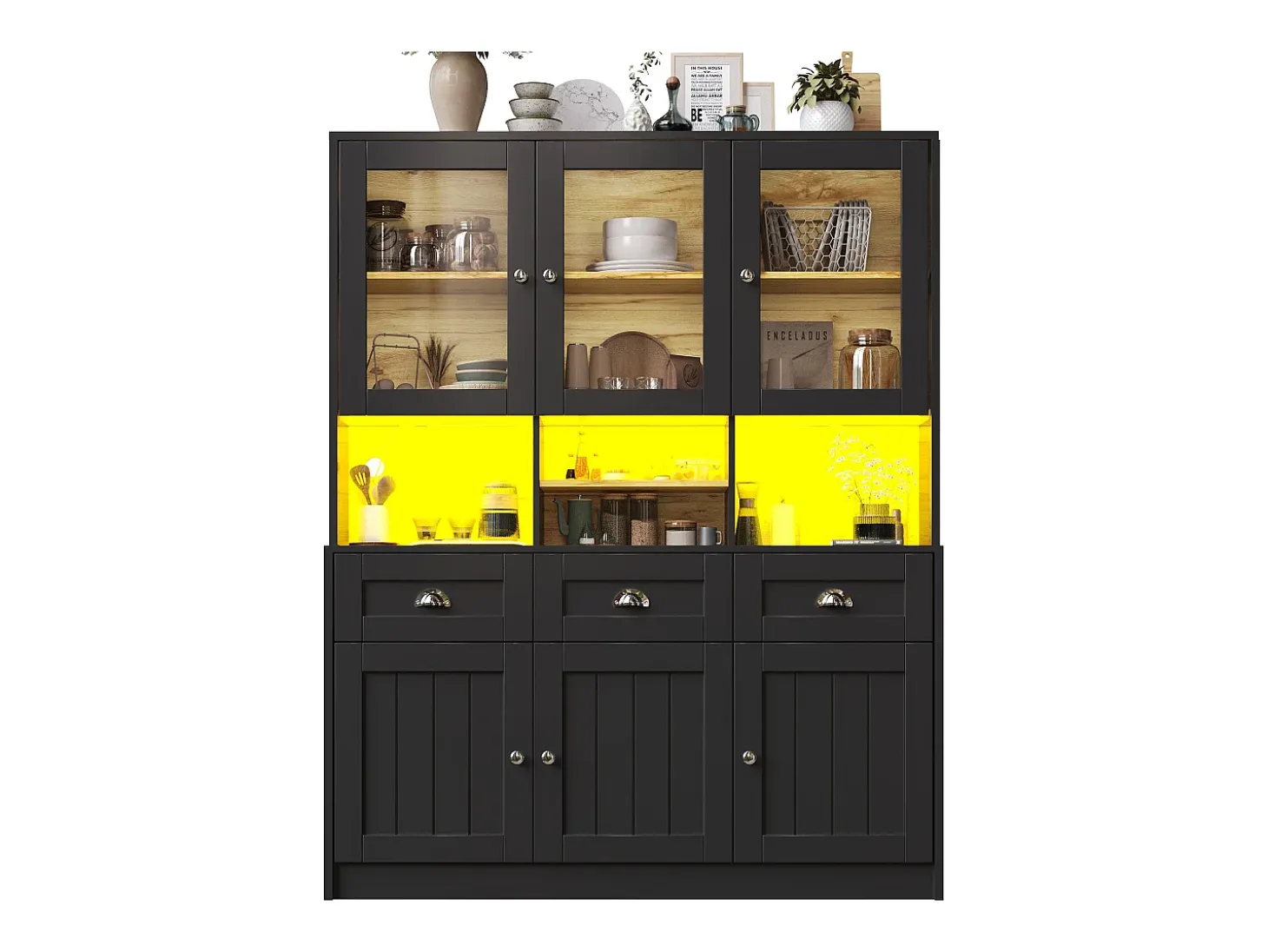 Aparador de cocina moderno con iluminación LED regulable, MDF, blanco/negro, estantes regulables (140x40x175cm)