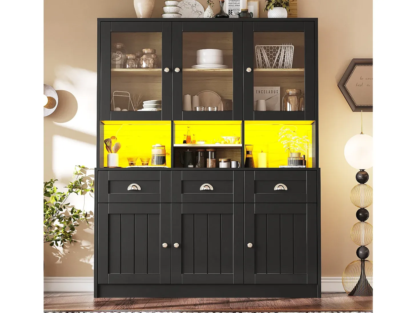 Aparador de cocina moderno con iluminación LED regulable, MDF, blanco/negro, estantes regulables (140x40x175cm)