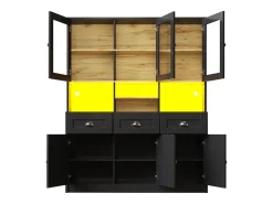 Aparador de cocina moderno con iluminación LED regulable, MDF, blanco/negro, estantes regulables (140x40x175cm)