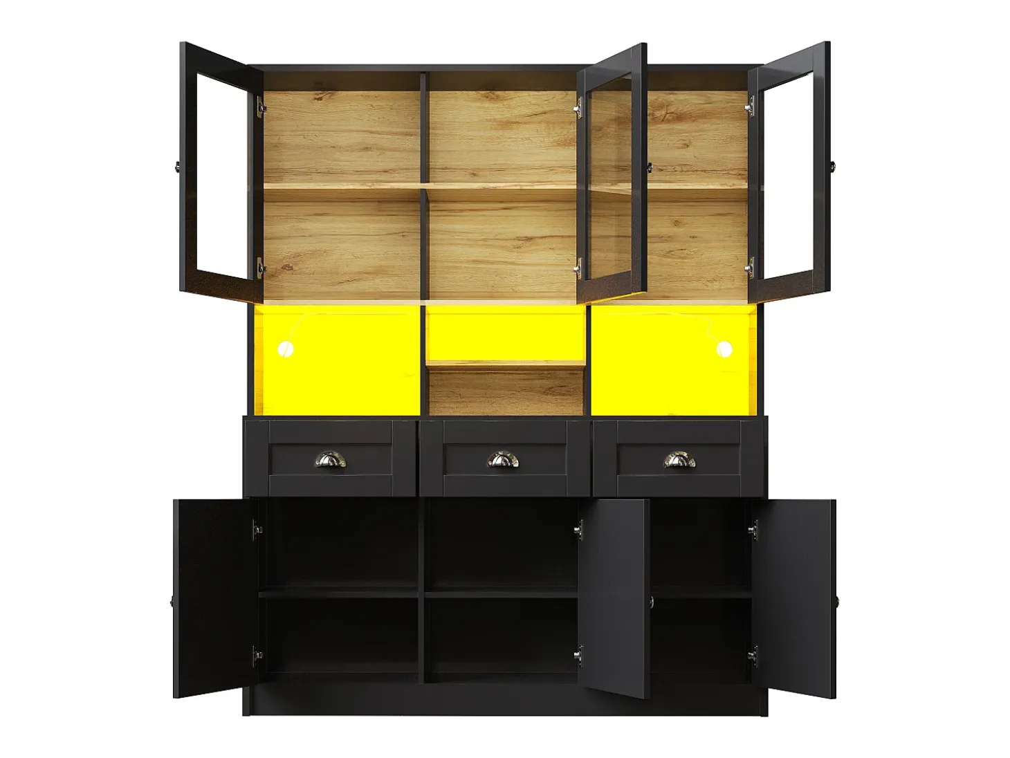 Aparador de cocina moderno con iluminación LED regulable, MDF, blanco/negro, estantes regulables (140x40x175cm)