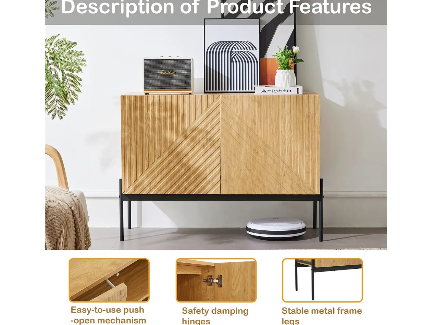Aparador de cocina, mueble de almacenaje con 2 puertas, patas metálicas, diseño lineal, 100 x 40 x 75 cm, madera