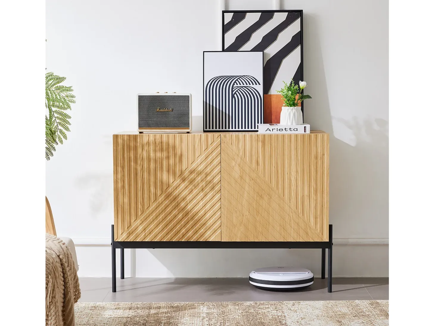 Aparador de cocina, mueble de almacenaje con 2 puertas, patas metálicas, diseño lineal, 100 x 40 x 75 cm, madera