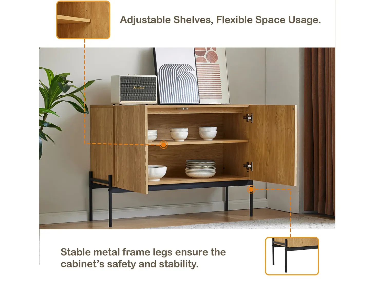Aparador de cocina, mueble de almacenaje con 2 puertas, patas metálicas, diseño lineal, 100 x 40 x 75 cm, madera
