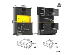 Aparador de cocina negro y natural con 4 puertas, 5 cajones y luces LED, MDF