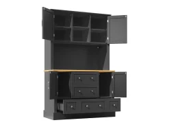 Aparador de cocina negro y natural con 4 puertas, 5 cajones y luces LED, MDF