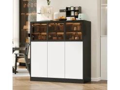 Aparador de cocina para salón - 100 x 40 x 105 cm - con LED + 3 puertas de cristal + 3 puertas de madera - cristal + aglomerado - negro + blanco