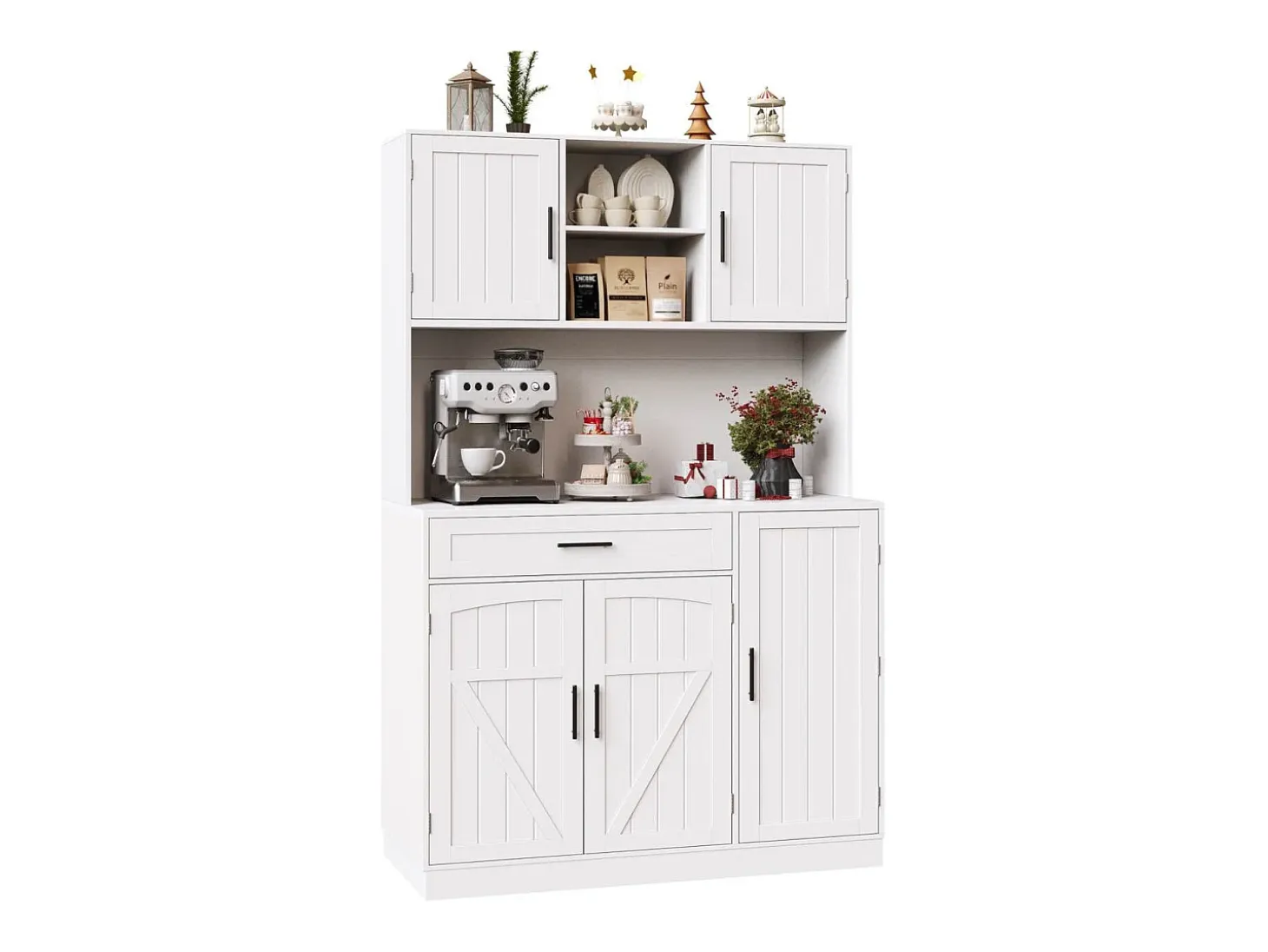 Aparador de cocina 110x38x180 cm con iluminación LED, toma de corriente, 5 puertas y 1 cajón - Blanco