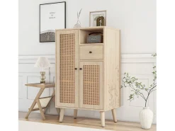 Aparador de cocina 60x40x110cm, 2 puertas de ratán y 1 cajón, madera, natural claro