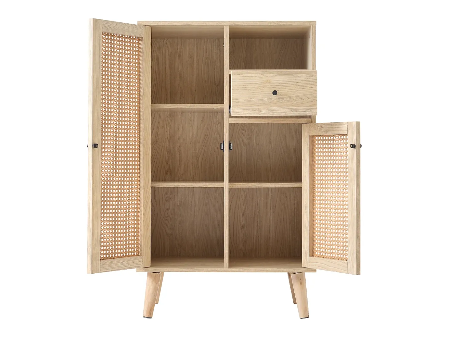 Aparador de cocina 60x40x110cm, 2 puertas de ratán y 1 cajón, madera, natural claro