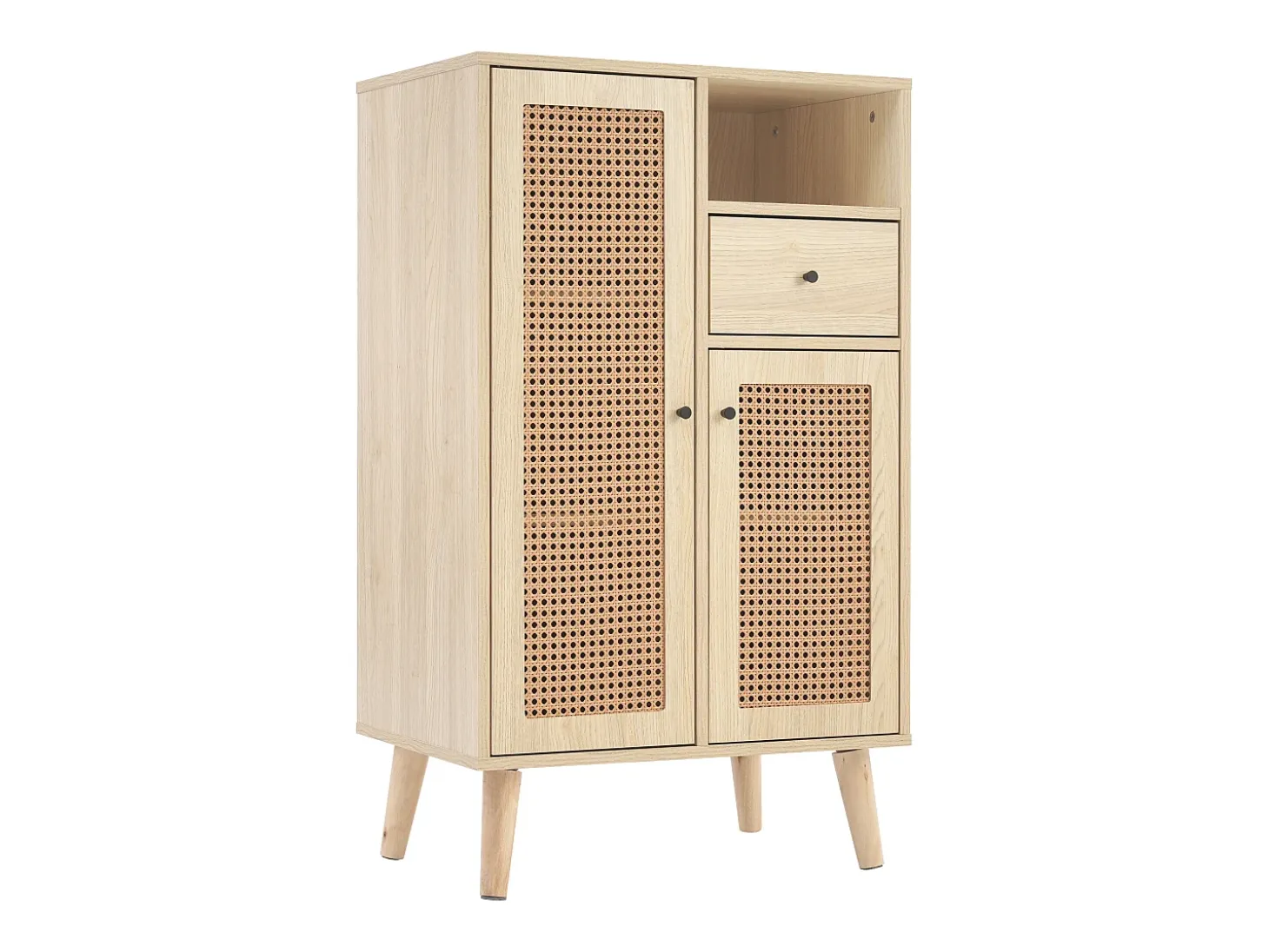 Aparador de cocina 60x40x110cm, 2 puertas de ratán y 1 cajón, madera, natural claro