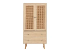 Aparador de cocina 60x40x120cm, 2 puertas de ratán y 2 cajones, en madera natural clara