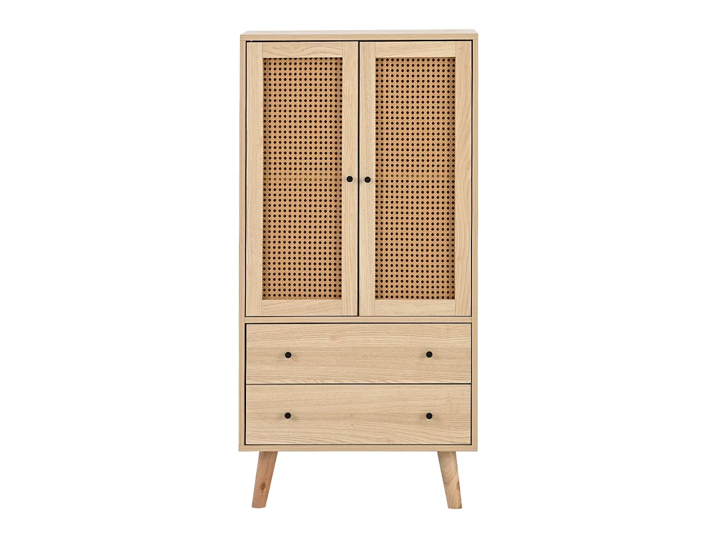 Aparador de cocina 60x40x120cm, 2 puertas de ratán y 2 cajones, en madera natural clara