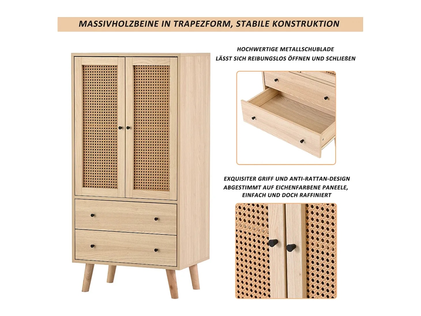 Aparador de cocina 60x40x120cm, 2 puertas de ratán y 2 cajones, en madera natural clara