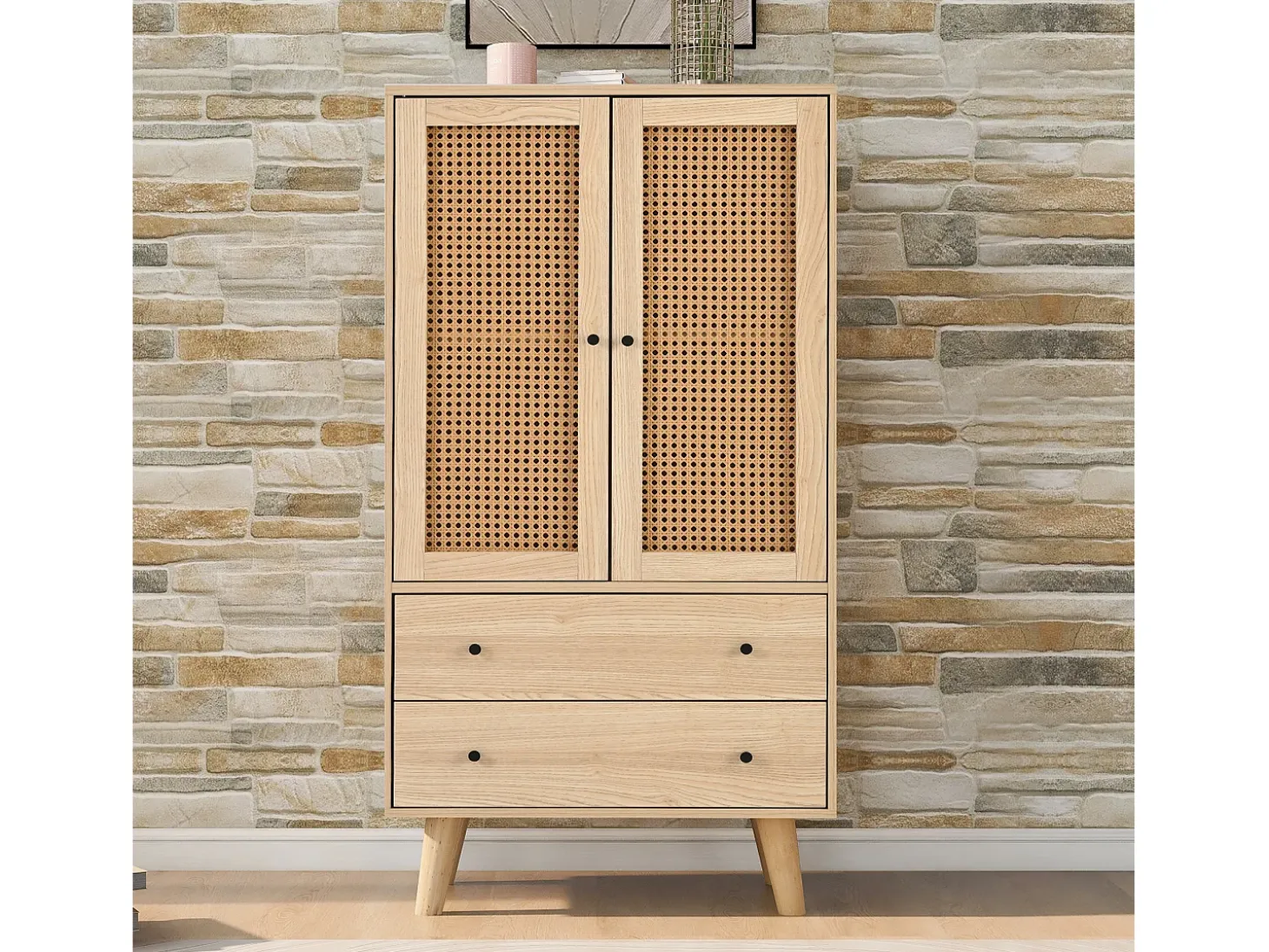 Aparador de cocina 60x40x120cm, 2 puertas de ratán y 2 cajones, en madera natural clara