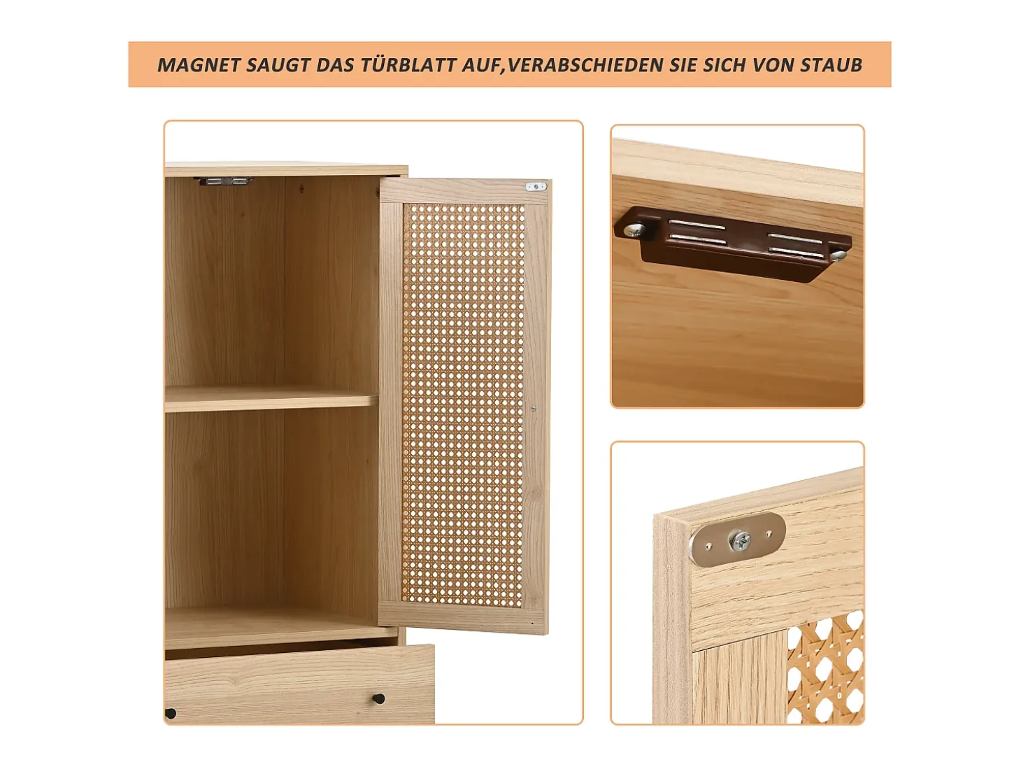 Aparador de cocina 60x40x120cm, 2 puertas de ratán y 2 cajones, en madera natural clara