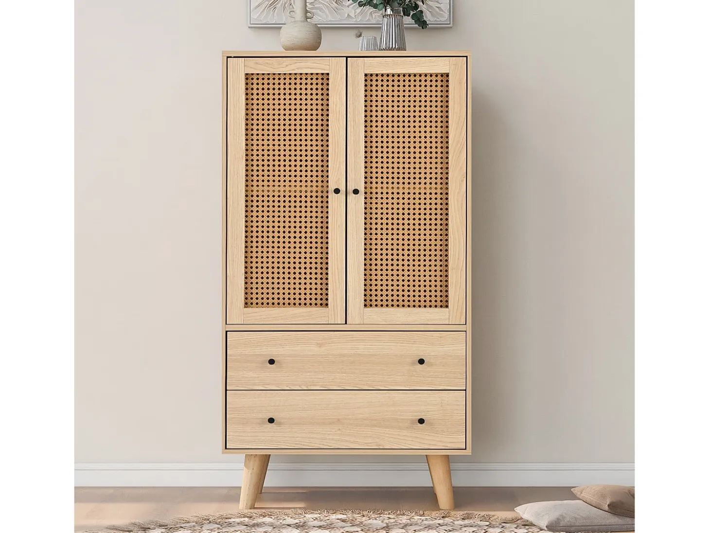 Aparador de cocina 60x40x120cm, 2 puertas de ratán y 2 cajones, en madera natural clara