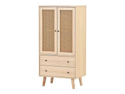Aparador de cocina 60x40x120cm, 2 puertas de ratán y 2 cajones, en madera natural clara