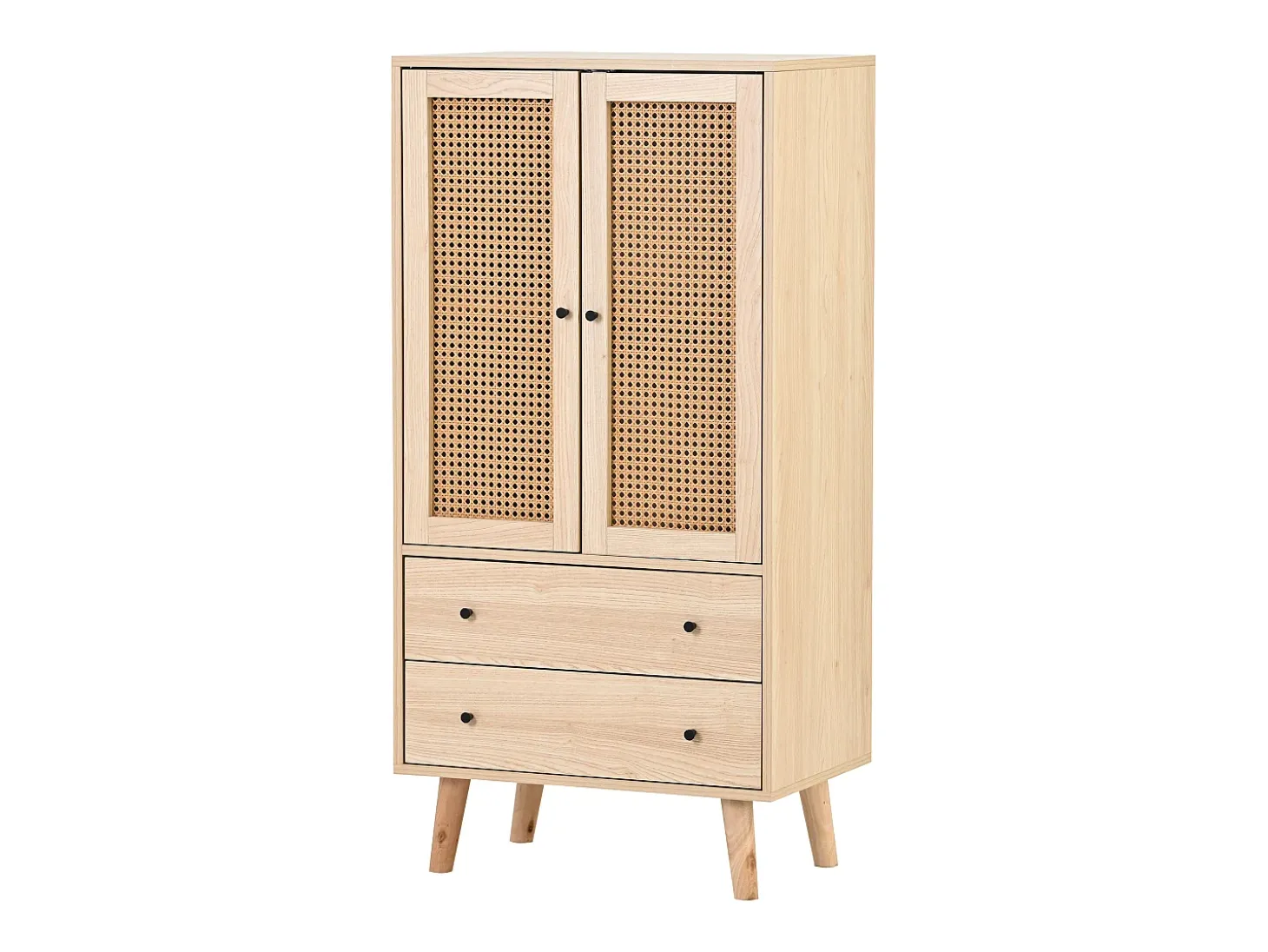 Aparador de cocina 60x40x120cm, 2 puertas de ratán y 2 cajones, en madera natural clara
